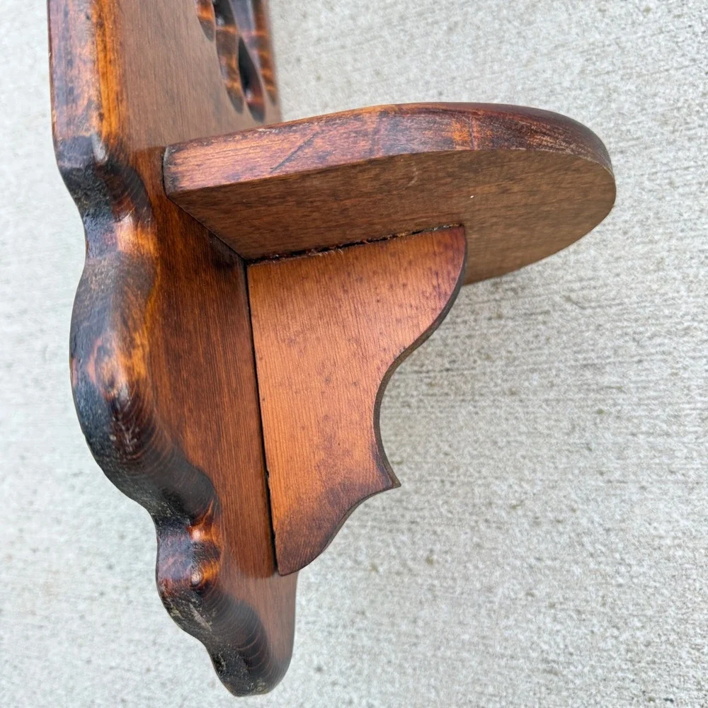 Vintage Handmade Wood Cutout Floral Wall Shelf Rustic Scalloped Floating Sconce